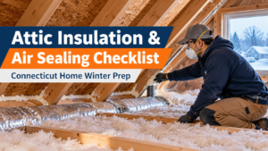 Connecticut home attic showing insulation installation and air sealing to reduce winter heat loss and improve energy efficiency.
